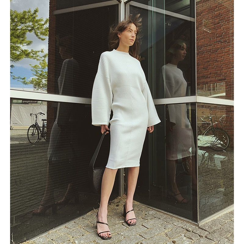 Europe and America Street Shooting Concave convex Stripe Knitted Dress Long Sleeve Loose Fashion Dress