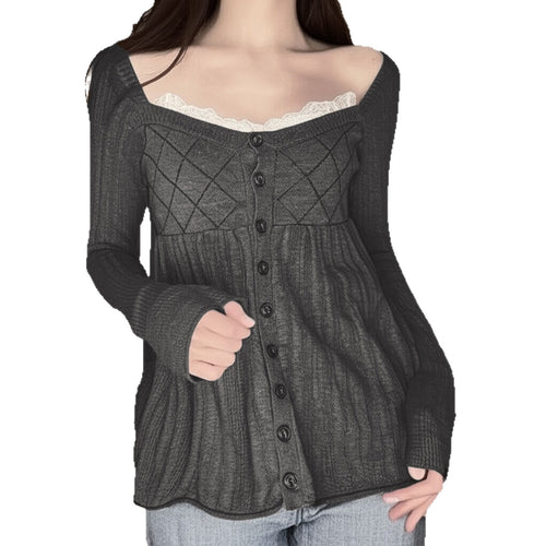 Sweet and Pure Style Lace Square Neck Long Sleeve Knitted Design Diamond Grid High Waist Skirt Hem Top