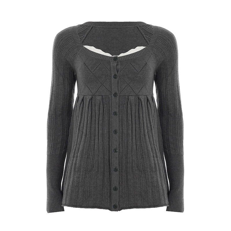 Sweet and Pure Style Lace Square Neck Long Sleeve Knitted Design Diamond Grid High Waist Skirt Hem Top