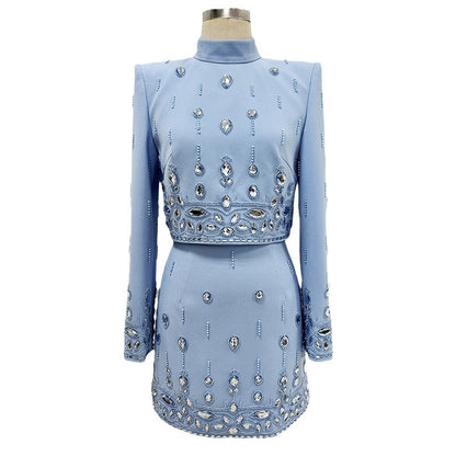 European and American fashion new heavy industry nail bead inlaid diamond short top half skirt set two-piece set