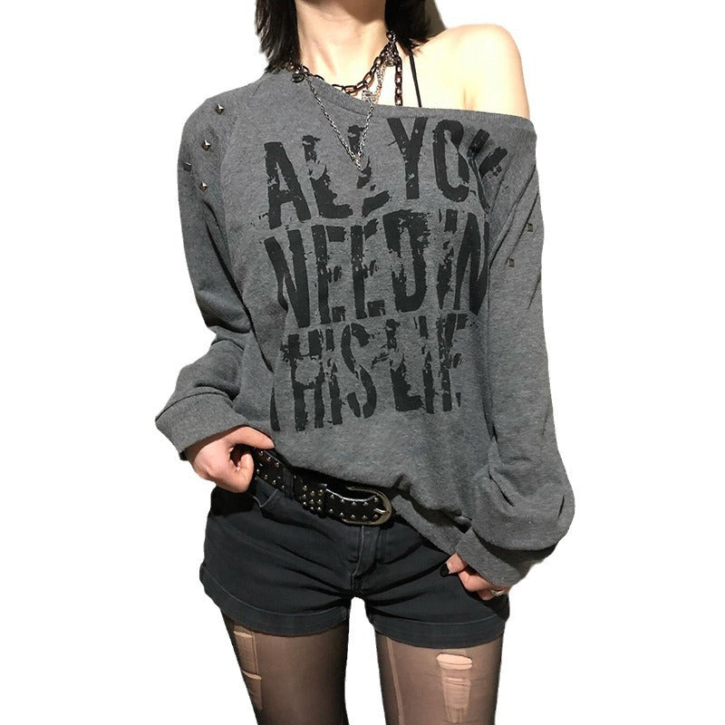 Punk Rivet Letter Print Oblique Collar Sweatshirt Spicy Girl Street Sexy Loose All-Match Off-Shoulder Long Sleeve