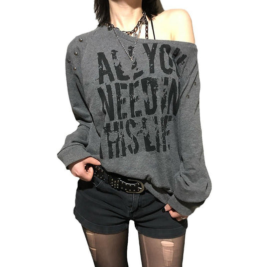 Punk Rivet Letter Print Oblique Collar Sweatshirt Spicy Girl Street Sexy Loose All-Match Off-Shoulder Long Sleeve