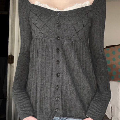 Sweet and Pure Style Lace Square Neck Long Sleeve Knitted Design Diamond Grid High Waist Skirt Hem Top