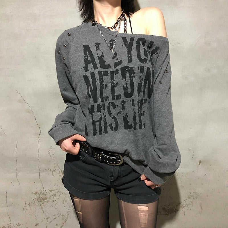 Punk Rivet Letter Print Oblique Collar Sweatshirt Spicy Girl Street Sexy Loose All-Match Off-Shoulder Long Sleeve