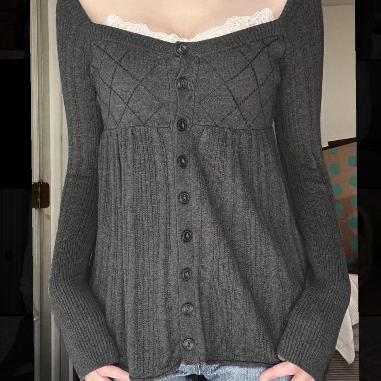 Sweet and Pure Style Lace Square Neck Long Sleeve Knitted Design Diamond Grid High Waist Skirt Hem Top