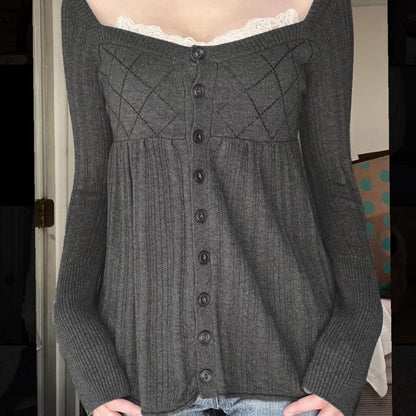 Sweet and Pure Style Lace Square Neck Long Sleeve Knitted Design Diamond Grid High Waist Skirt Hem Top