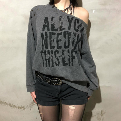 Punk Rivet Letter Print Oblique Collar Sweatshirt Spicy Girl Street Sexy Loose All-Match Off-Shoulder Long Sleeve