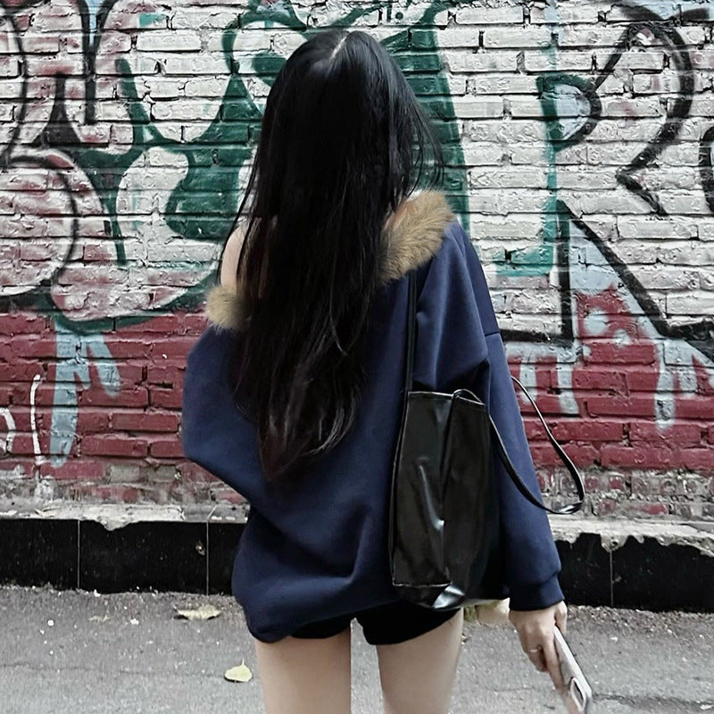 Street Style Off-the-Shoulder Fuzzy Collar Velvet Warm Hoodie Design Sense Retro Loose Casual Chic Top