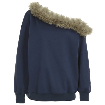 Street Style Off-the-Shoulder Fuzzy Collar Velvet Warm Hoodie Design Sense Retro Loose Casual Chic Top