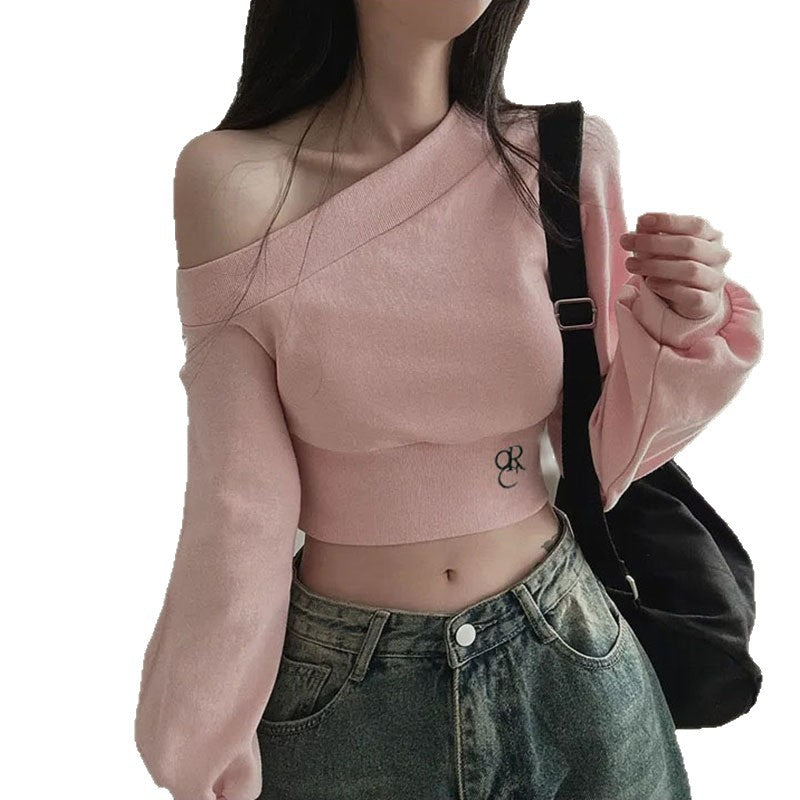 Arrival Spicy Girl Off-Shoulder Short Crop Hoodie Women's Unique Ins Trend Streetwear Versatile Fitted Long Sleeve Belly-Baring Top