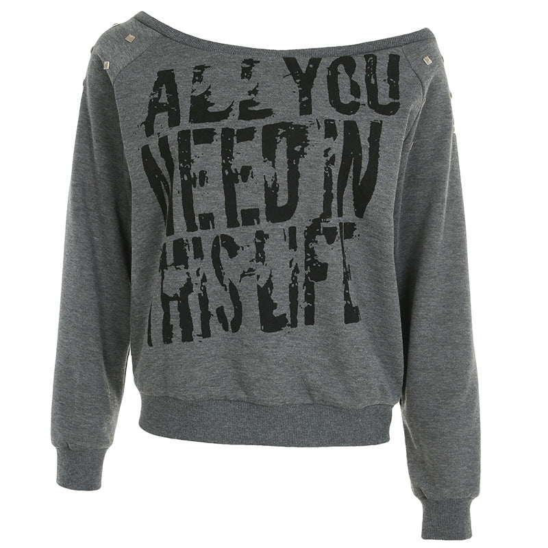 Punk Rivet Letter Print Oblique Collar Sweatshirt Spicy Girl Street Sexy Loose All-Match Off-Shoulder Long Sleeve
