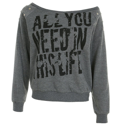 Punk Rivet Letter Print Oblique Collar Sweatshirt Spicy Girl Street Sexy Loose All-Match Off-Shoulder Long Sleeve