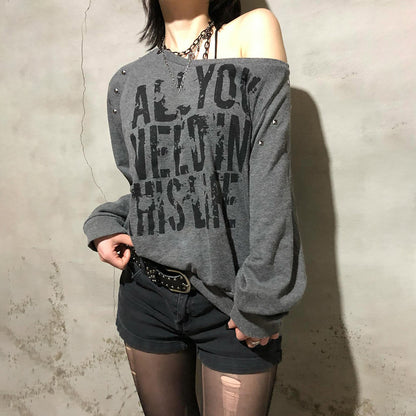 Punk Rivet Letter Print Oblique Collar Sweatshirt Spicy Girl Street Sexy Loose All-Match Off-Shoulder Long Sleeve