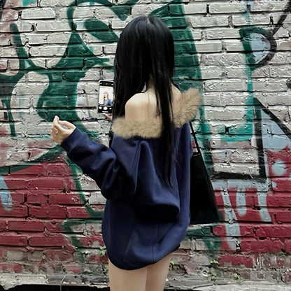 Street Style Off-the-Shoulder Fuzzy Collar Velvet Warm Hoodie Design Sense Retro Loose Casual Chic Top