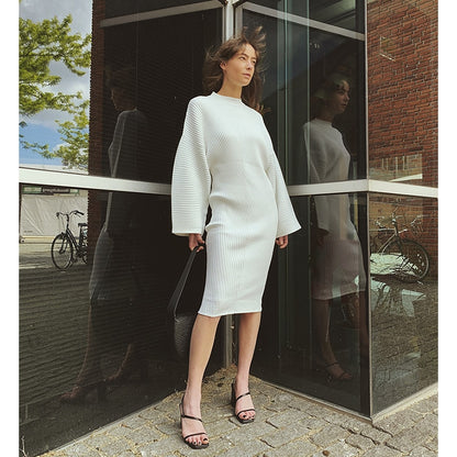 Europe and America Street Shooting Concave convex Stripe Knitted Dress Long Sleeve Loose Fashion Dress