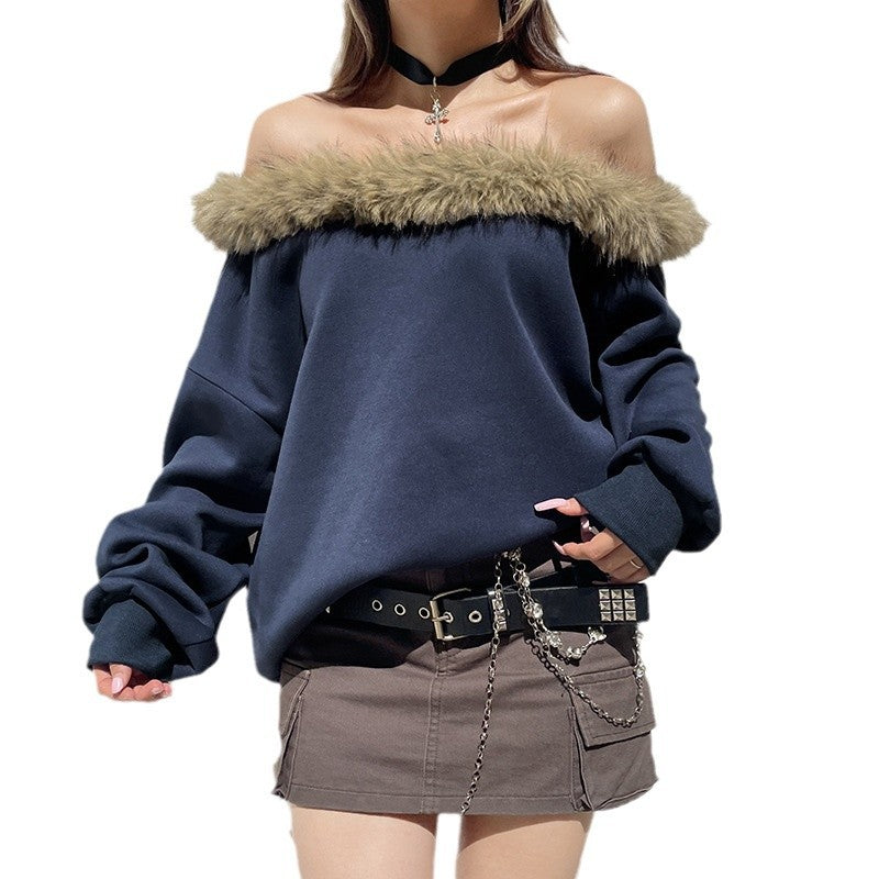 Street Style Off-the-Shoulder Fuzzy Collar Velvet Warm Hoodie Design Sense Retro Loose Casual Chic Top