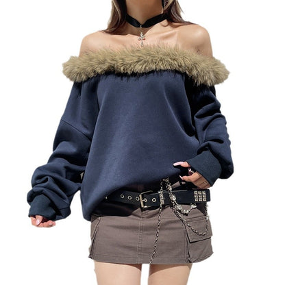Street Style Off-the-Shoulder Fuzzy Collar Velvet Warm Hoodie Design Sense Retro Loose Casual Chic Top