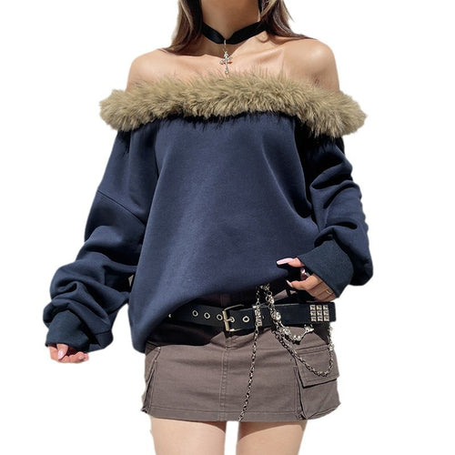 Street Style Off-the-Shoulder Fuzzy Collar Velvet Warm Hoodie Design Sense Retro Loose Casual Chic Top