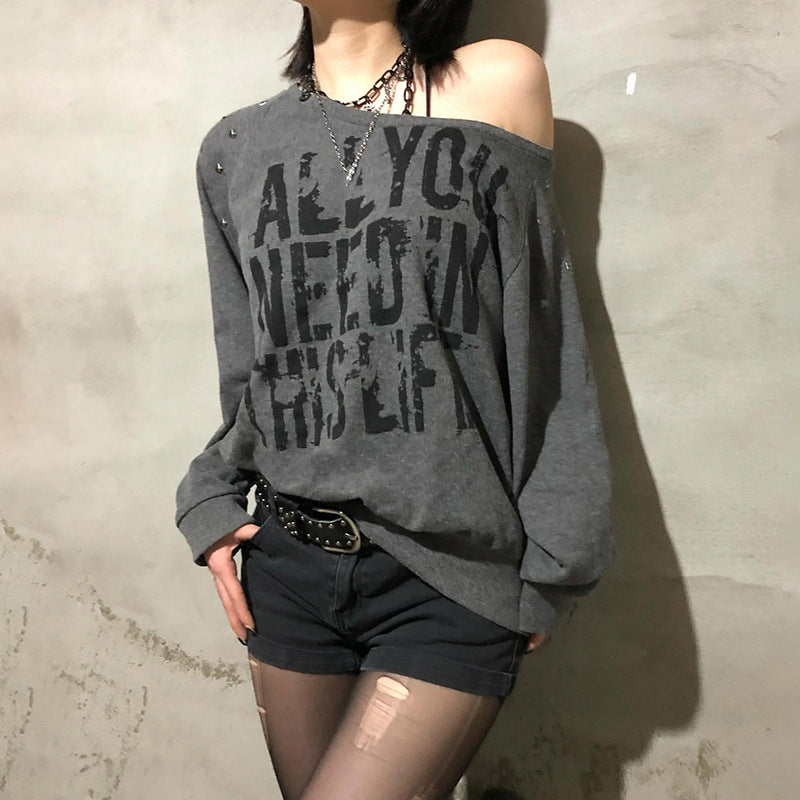 Punk Rivet Letter Print Oblique Collar Sweatshirt Spicy Girl Street Sexy Loose All-Match Off-Shoulder Long Sleeve