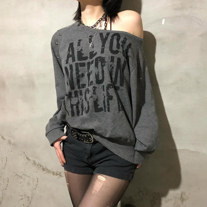 Punk Rivet Letter Print Oblique Collar Sweatshirt Spicy Girl Street Sexy Loose All-Match Off-Shoulder Long Sleeve