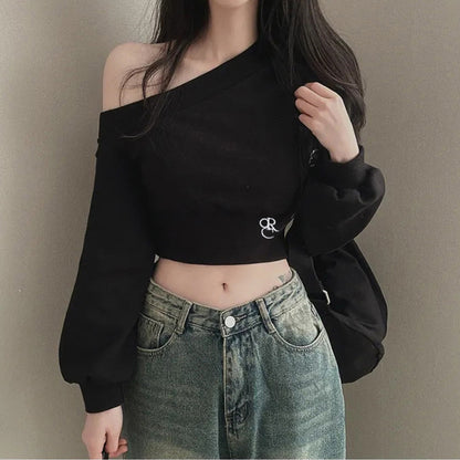 Arrival Spicy Girl Off-Shoulder Short Crop Hoodie Women's Unique Ins Trend Streetwear Versatile Fitted Long Sleeve Belly-Baring Top