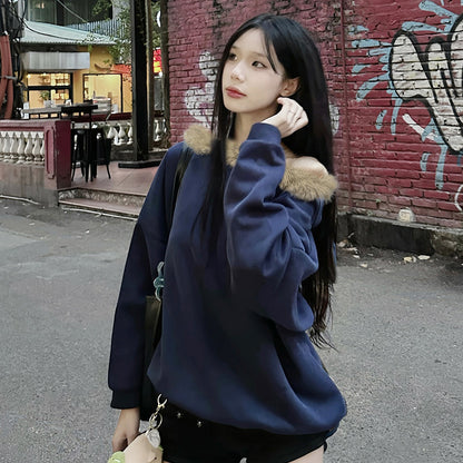 Street Style Off-the-Shoulder Fuzzy Collar Velvet Warm Hoodie Design Sense Retro Loose Casual Chic Top