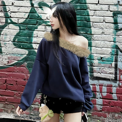 Street Style Off-the-Shoulder Fuzzy Collar Velvet Warm Hoodie Design Sense Retro Loose Casual Chic Top