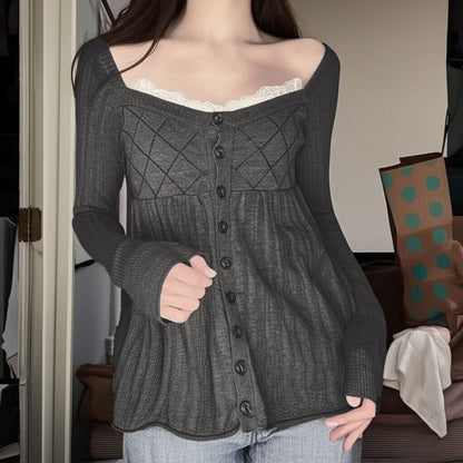 Sweet and Pure Style Lace Square Neck Long Sleeve Knitted Design Diamond Grid High Waist Skirt Hem Top