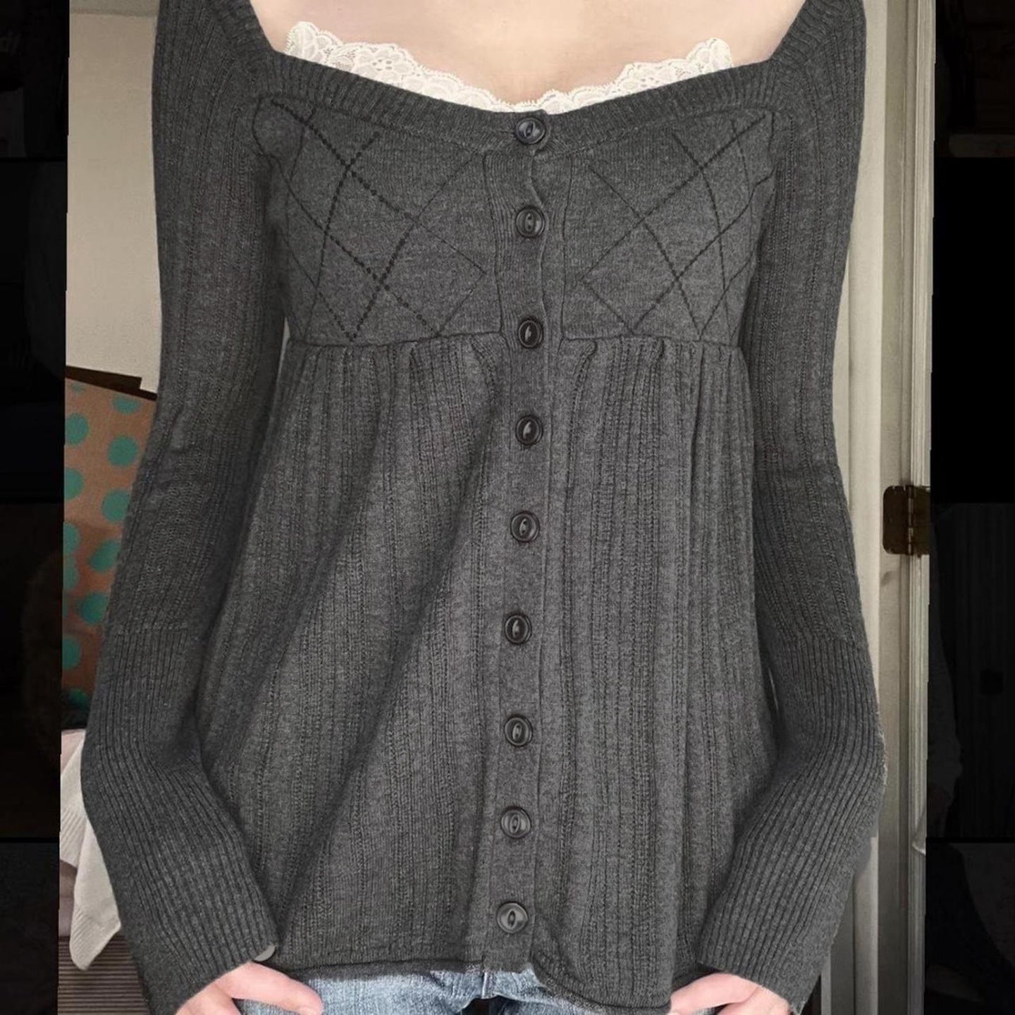 Sweet and Pure Style Lace Square Neck Long Sleeve Knitted Design Diamond Grid High Waist Skirt Hem Top