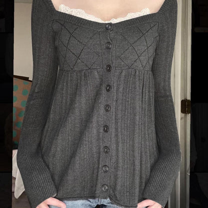 Sweet and Pure Style Lace Square Neck Long Sleeve Knitted Design Diamond Grid High Waist Skirt Hem Top